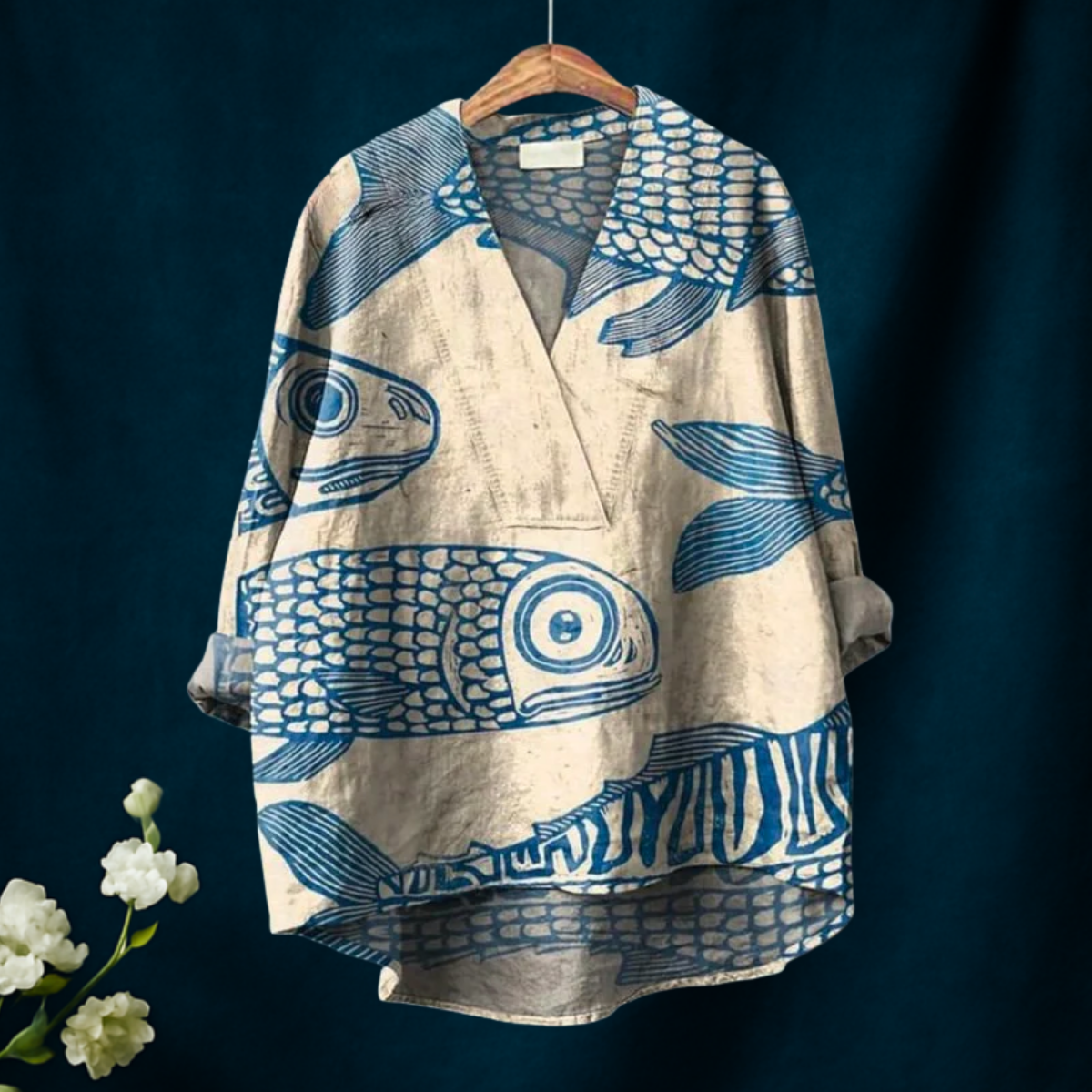 Minimalist Fish Print Casual V-neck Shirt